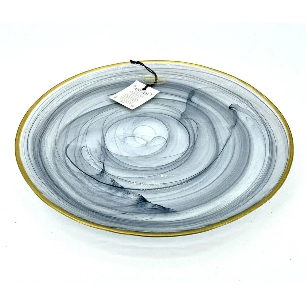 Akcam Turkish Glass 4 Plates Set Entrée Dinner Black Swirl Gold Rim 11